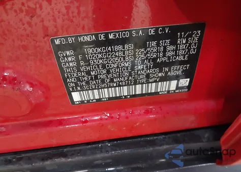 2024 Honda Hr-V Awd Sport/Awd Sport W/O Bsi из США, поврежденный, VIN 3CZRZ2H57RM748712